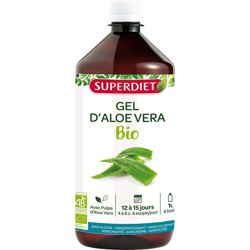 Bouteille marron SUPER DIET Gel d'Aloe Vera Bio. Certification BIO. 1L. Feuilles d'aloe vera.