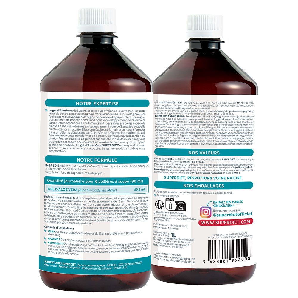 Deux bouteilles marron SUPER DIET Gel d'Aloe Vera. Informations textuelles au dos.