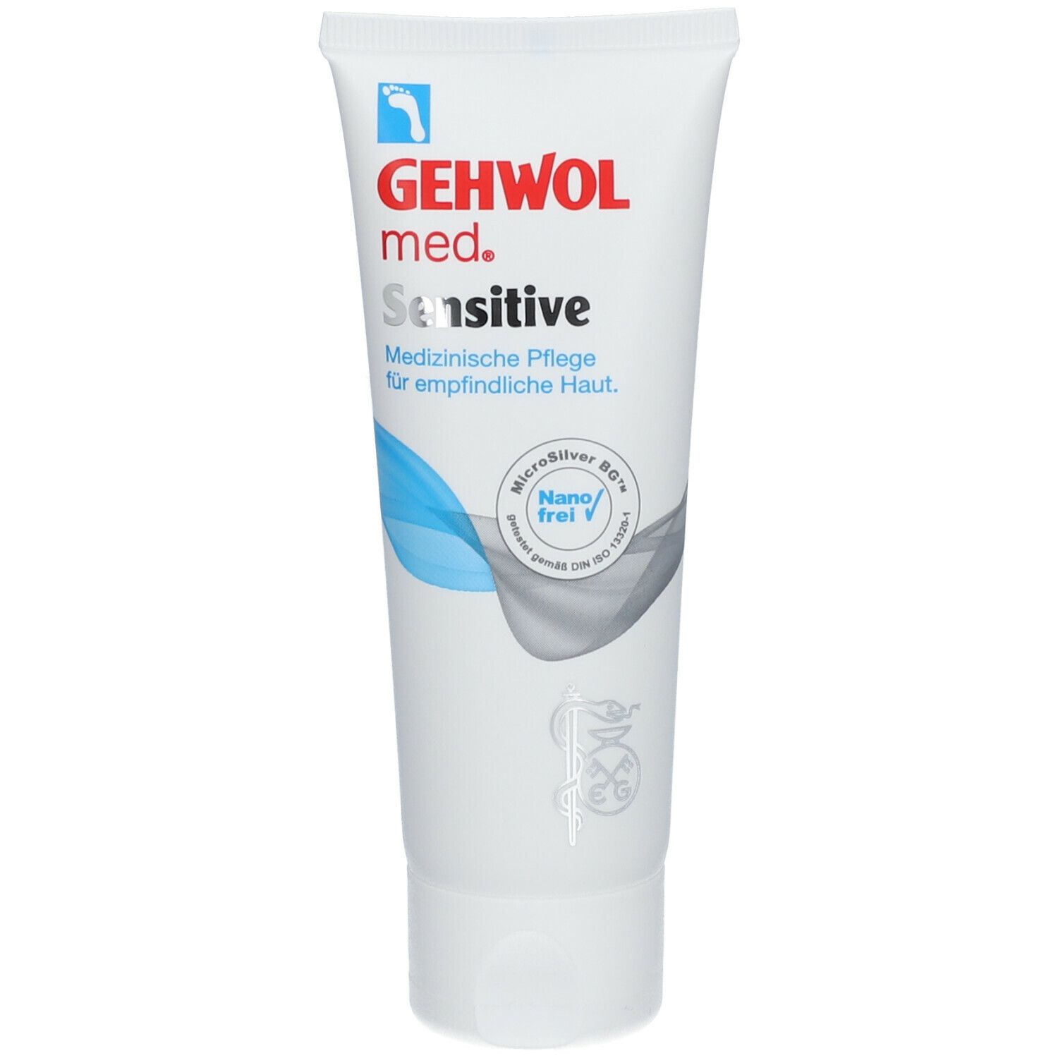 Weiße Tube GEHWOL med. Sensitive Creme. Produktname und Logo in Rot und Blau. Nano-frei-Siegel.