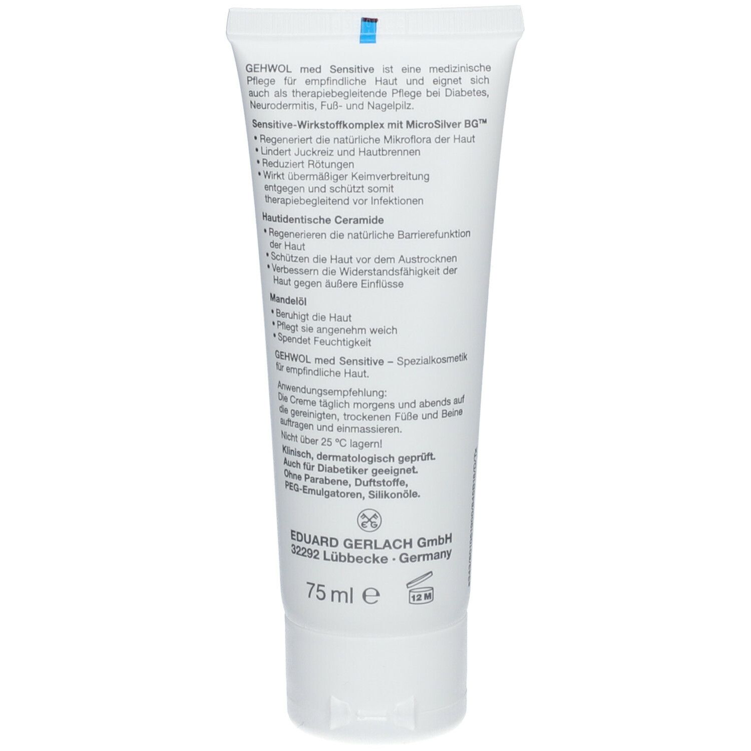 Rückseite der Tube GEHWOL med. Sensitive Creme. Text in deutscher Sprache. Volumen: 75 ml.