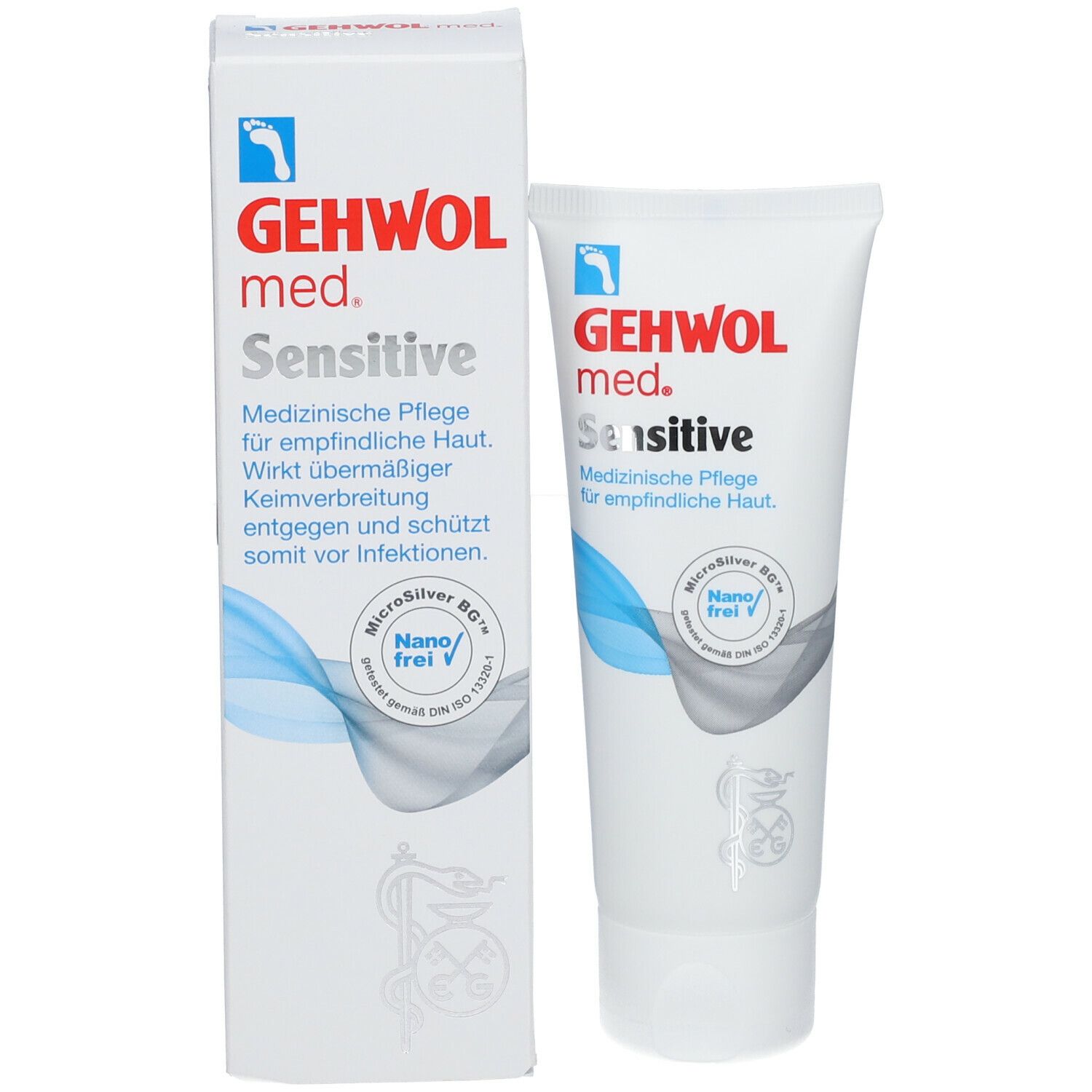 GEHWOL med. Sensitive Creme mit Verpackung. Tube und Schachtel nebeneinander. Produktname und Logo.