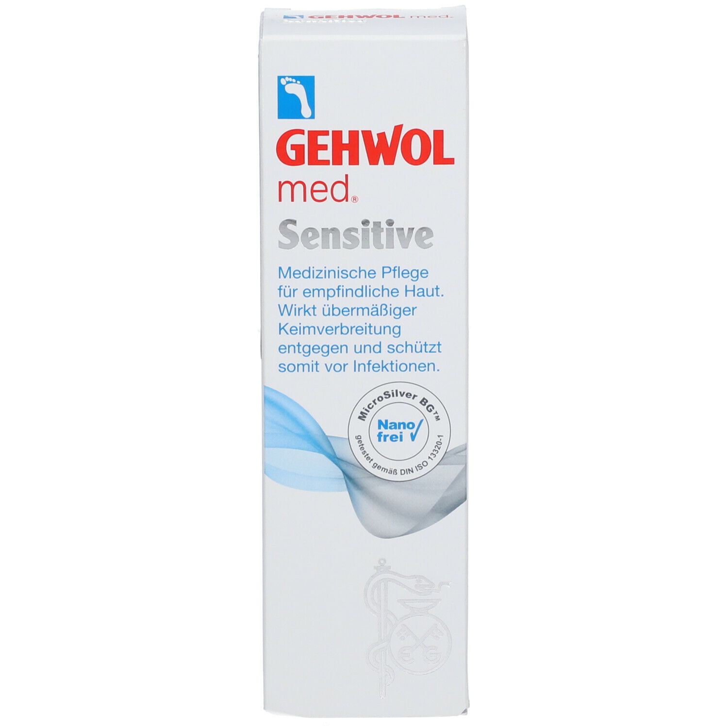 Verpackung von GEHWOL med. Sensitive Creme. Produktname und Logo. Text in deutscher Sprache.
