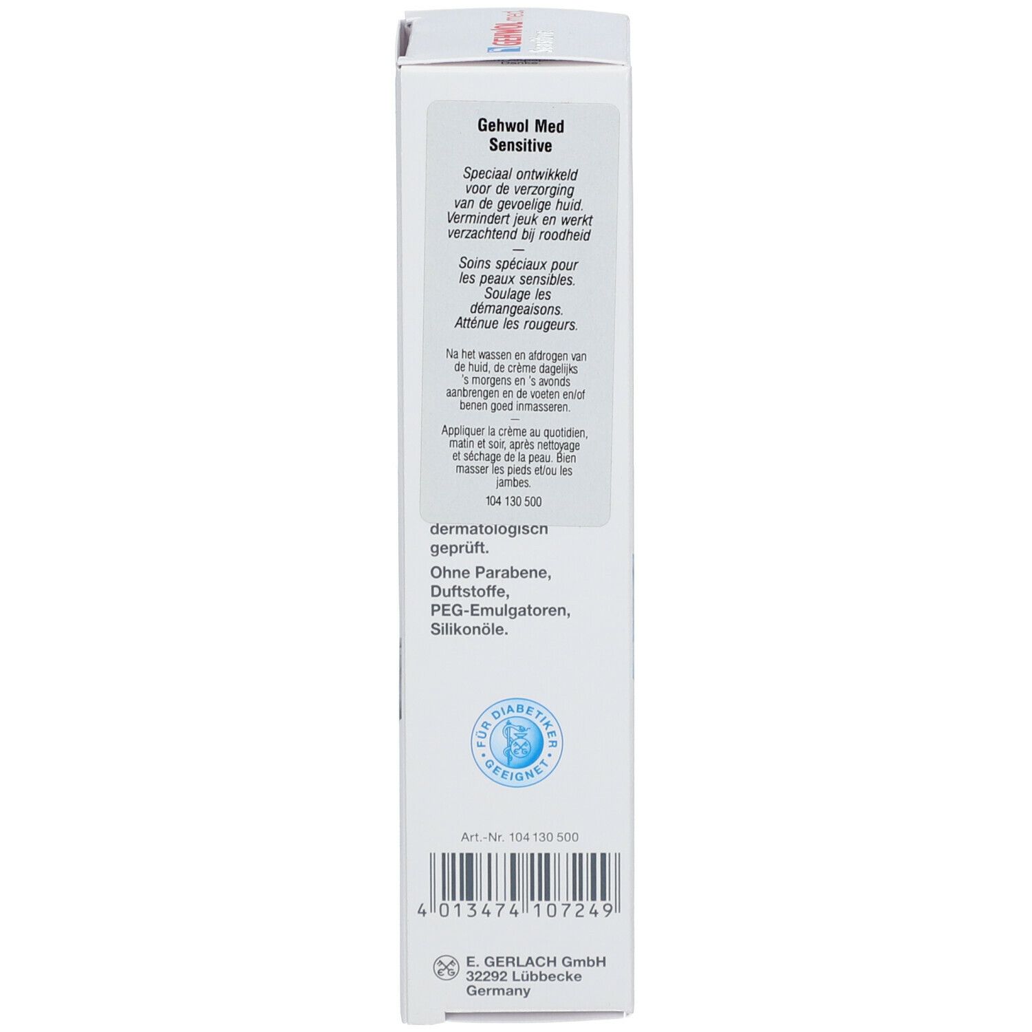Rückseite der Verpackung von GEHWOL med. Sensitive Creme. Text in deutscher und französischer Sprache.