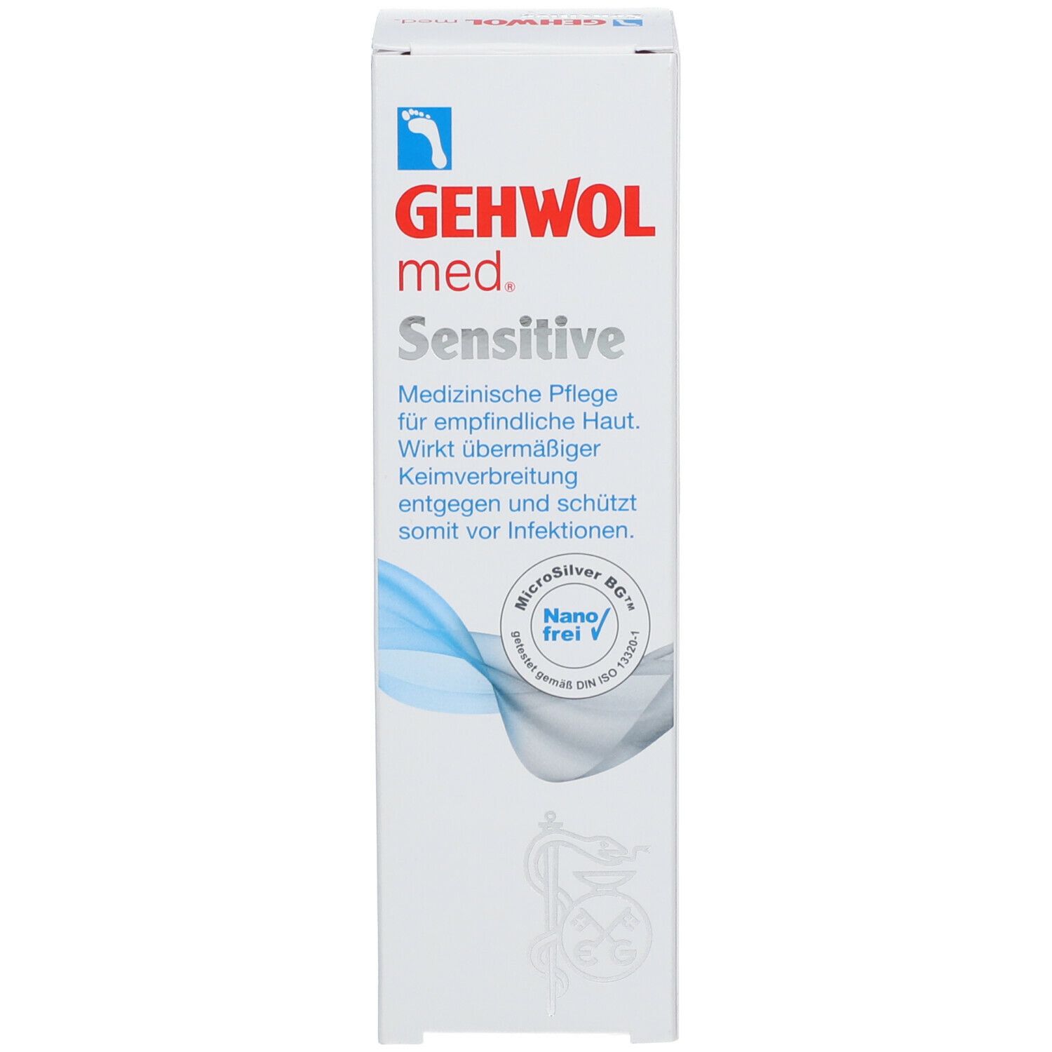 Verpackung von GEHWOL med. Sensitive Creme. Produktname und Logo. Text in deutscher Sprache.