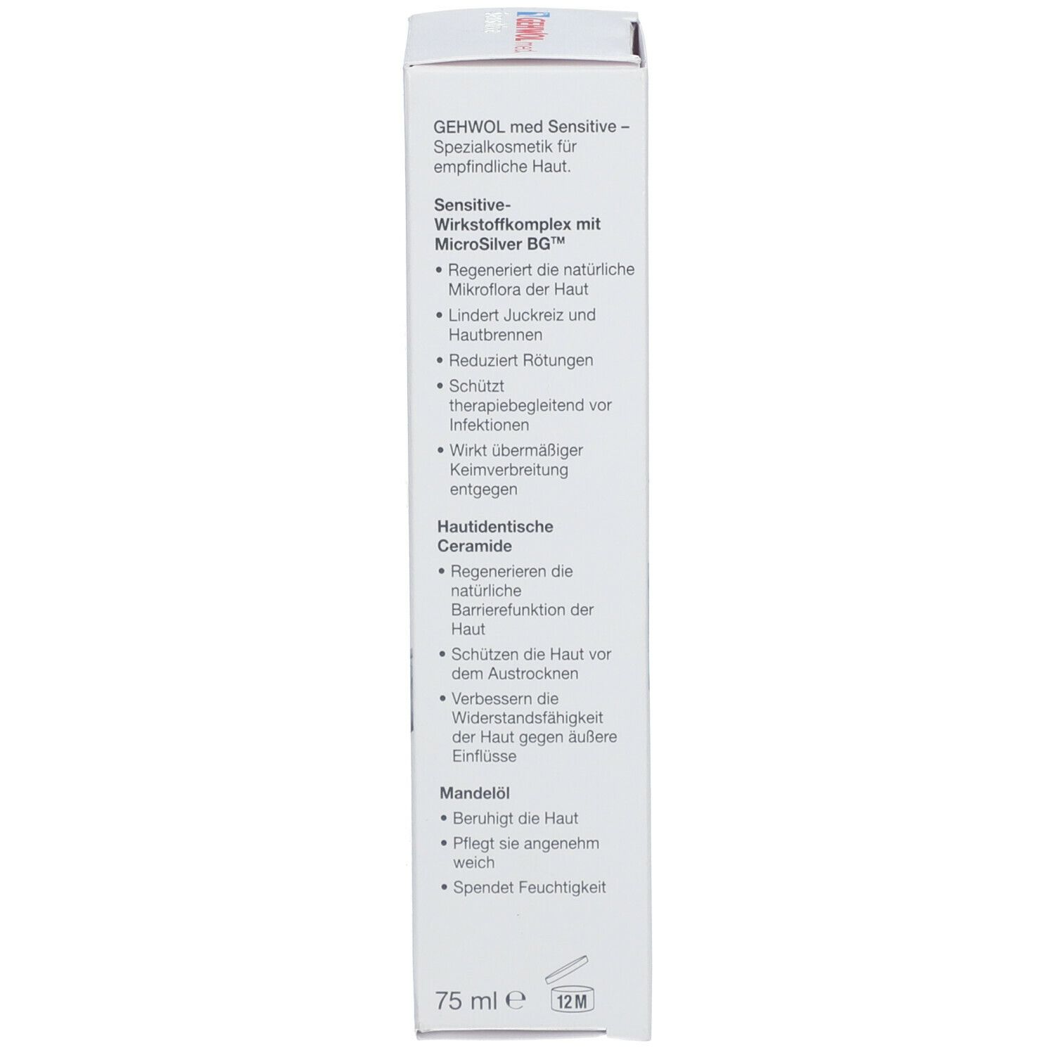 Seite der Verpackung von GEHWOL med. Sensitive Creme. Produktbeschreibung und Inhaltsstoffe.