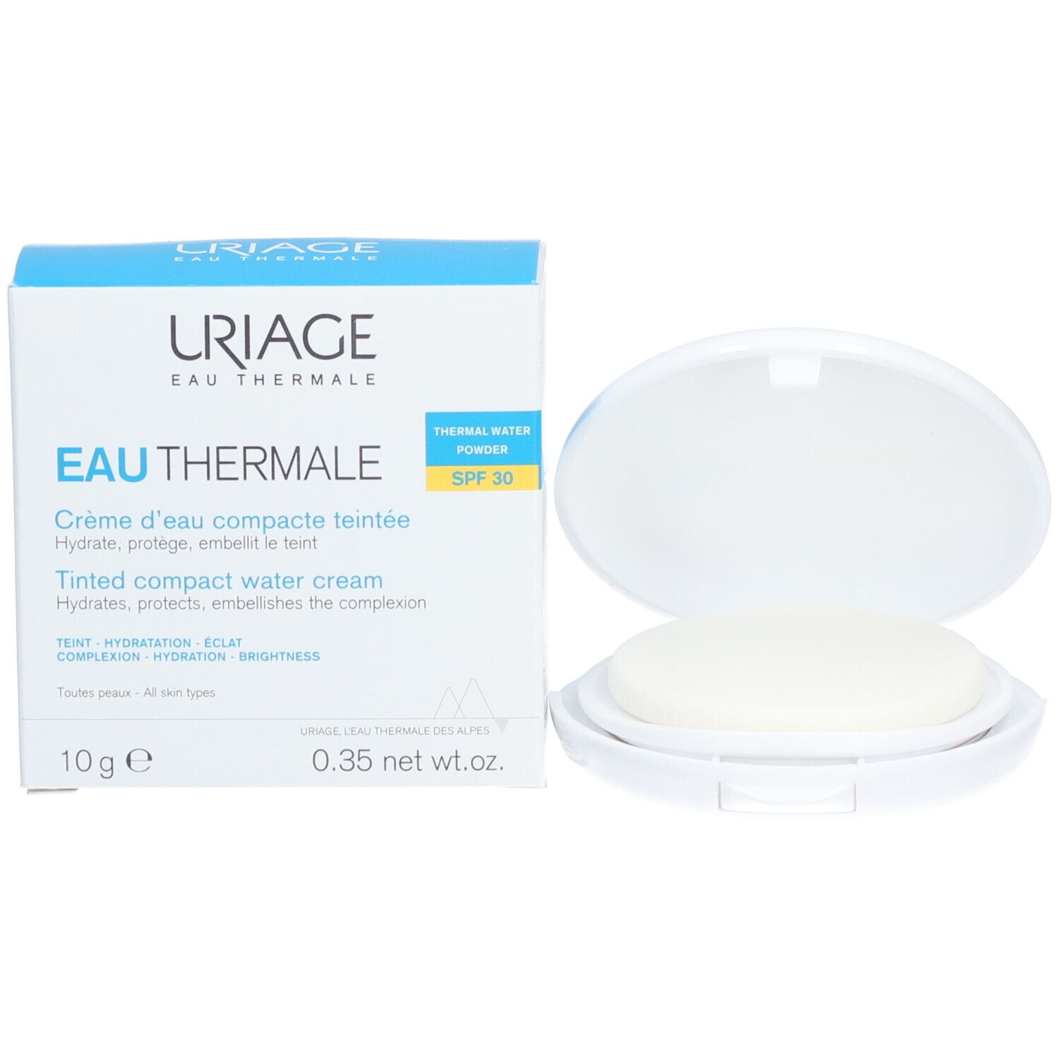 Crème d'eau compacte teintée SPF30 Uriage. Boîte blanche, boîtier ouvert avec éponge. Texte.