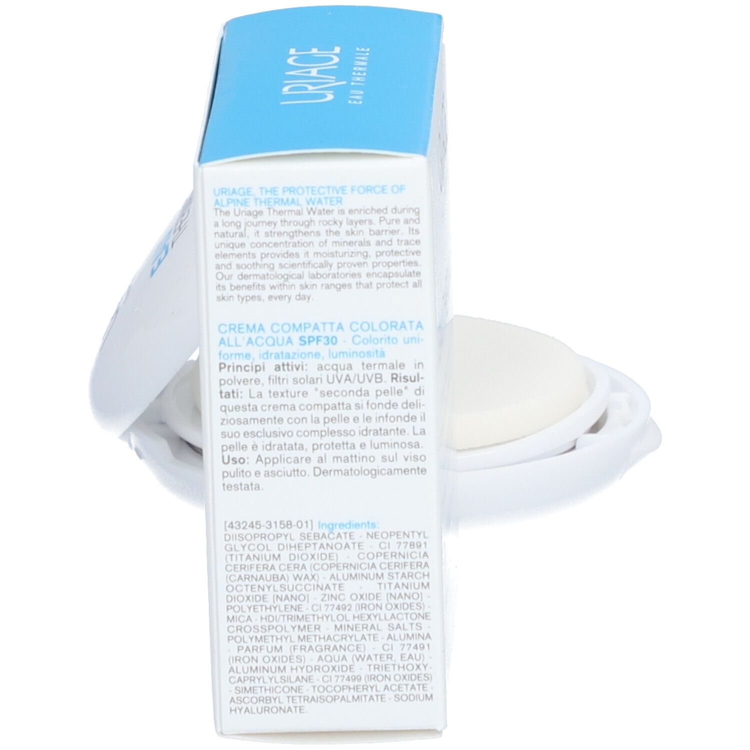 Crème d'eau compacte teintée SPF30 Uriage. Emballage avec texte et ingrédients.