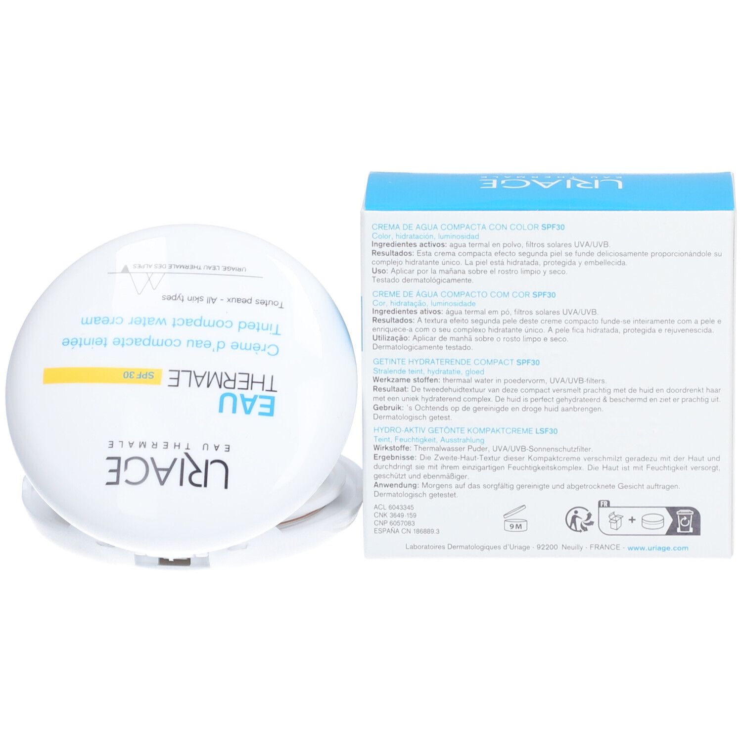 Crème d'eau compacte teintée SPF30 Uriage. Boîtier ouvert, texte sur l'emballage.
