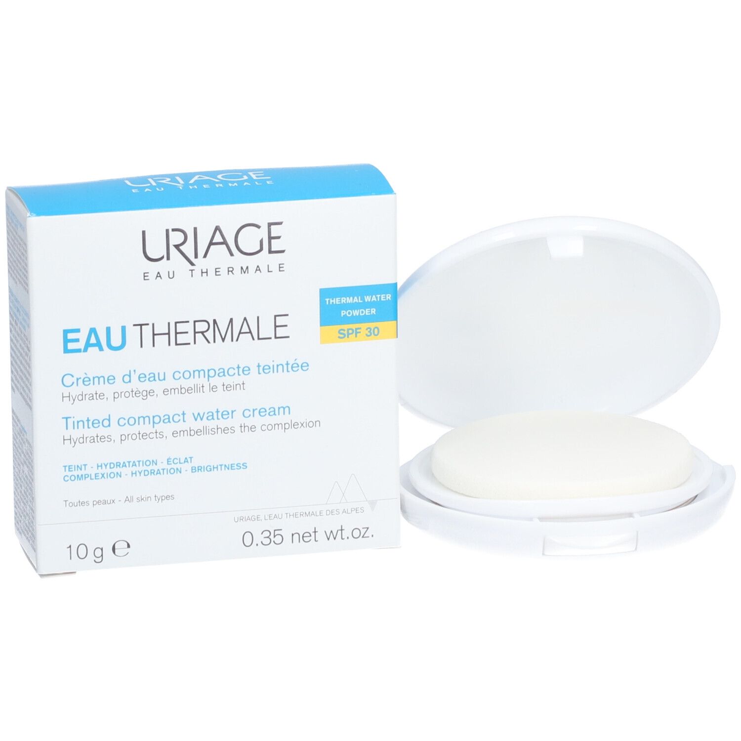 Crème d'eau compacte teintée SPF30 Uriage. Boîte blanche, boîtier ouvert avec éponge.