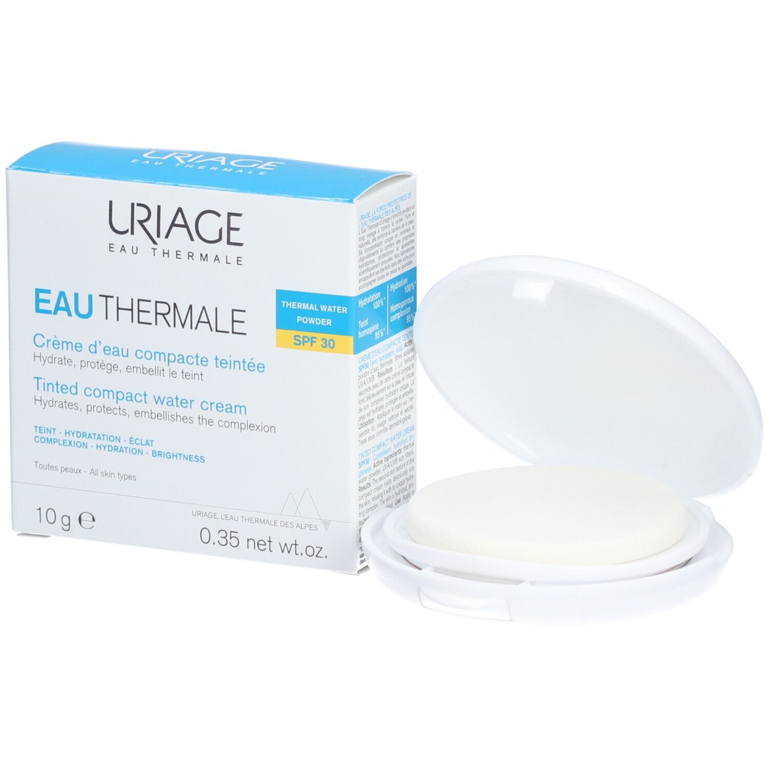 Crème d'eau compacte teintée SPF30 Uriage. Boîte blanche, boîtier ouvert avec éponge.