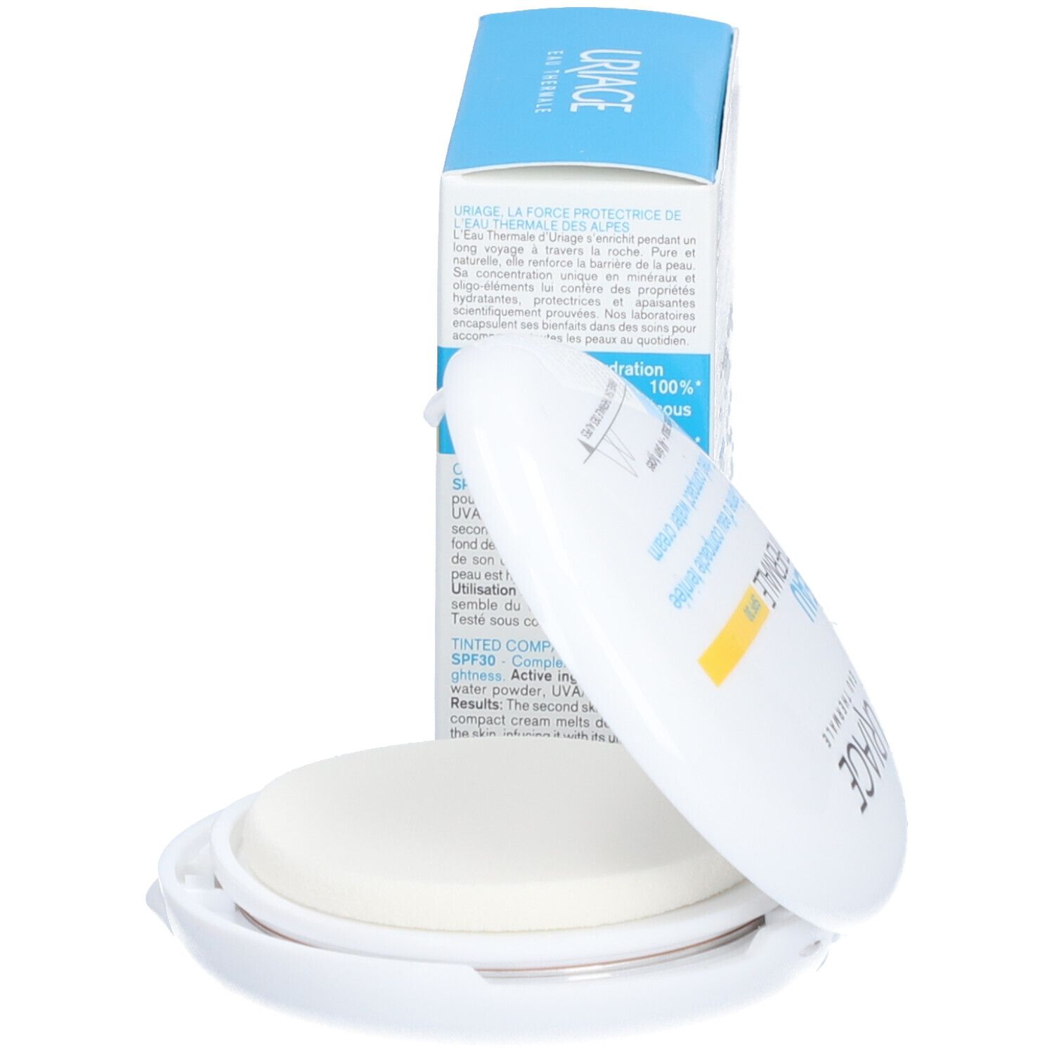 Crème d'eau compacte teintée SPF30 Uriage. Boîtier ouvert, texte sur l'emballage.
