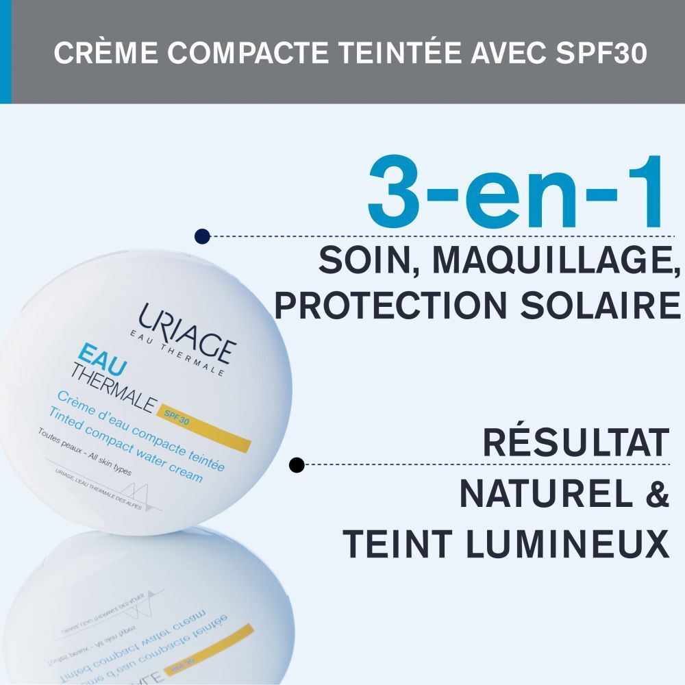 Crème compacte teintée SPF30 Uriage. Ingrédients: acide hyaluronique, vitamines, filtres.