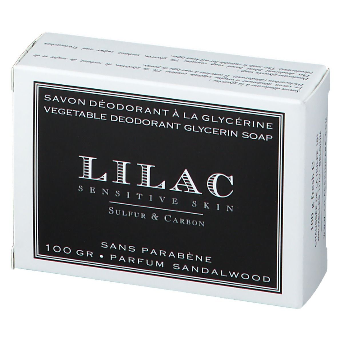 Witte verpakking met zwart etiket. Opschrift: LILAC, Sensitive Skin, Sulfur & Carbon. Tekst: Savon Déodorant à la Glycérine.
