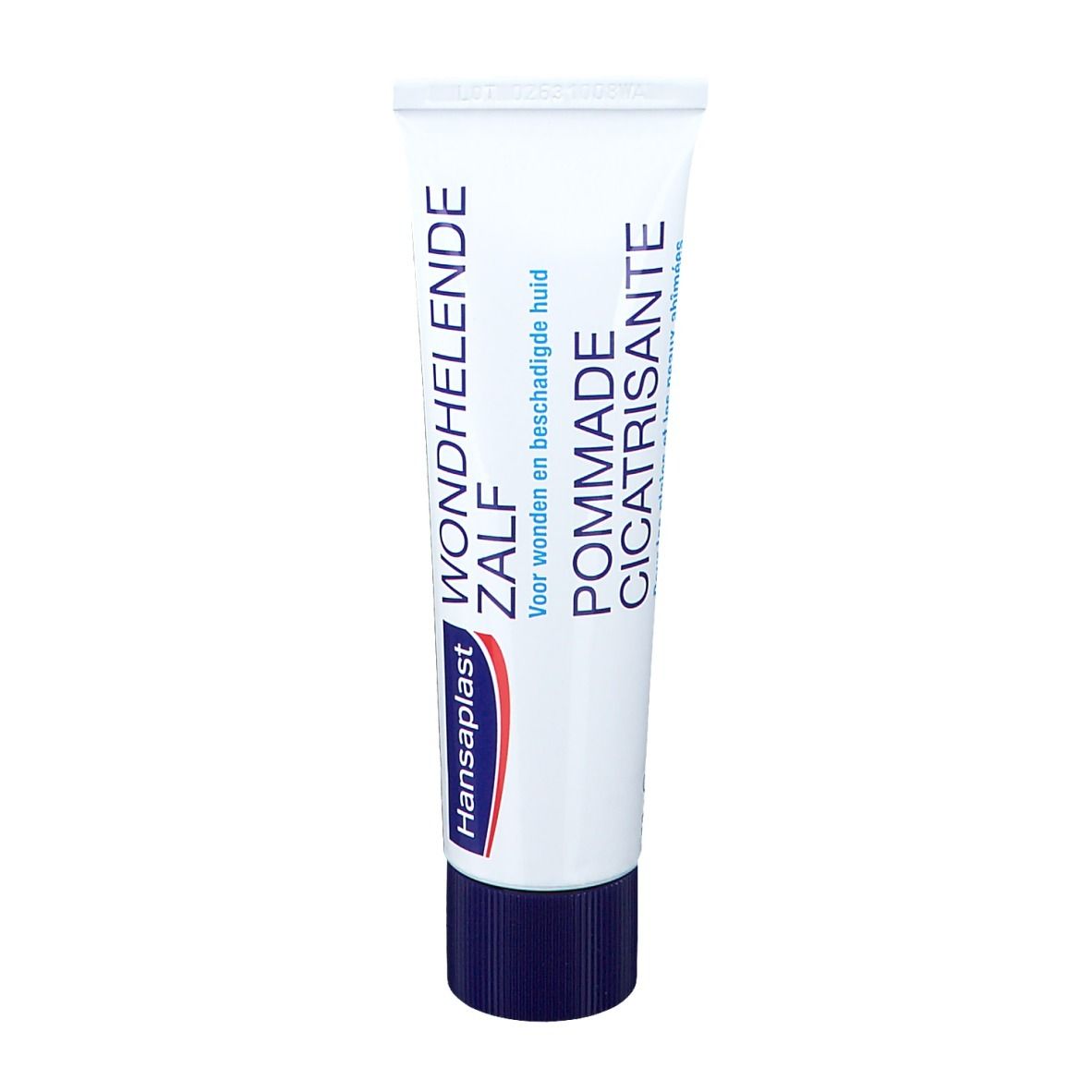 Tube de pommade cicatrisante. Bouchon bleu, tube blanc avec nom et texte du produit.