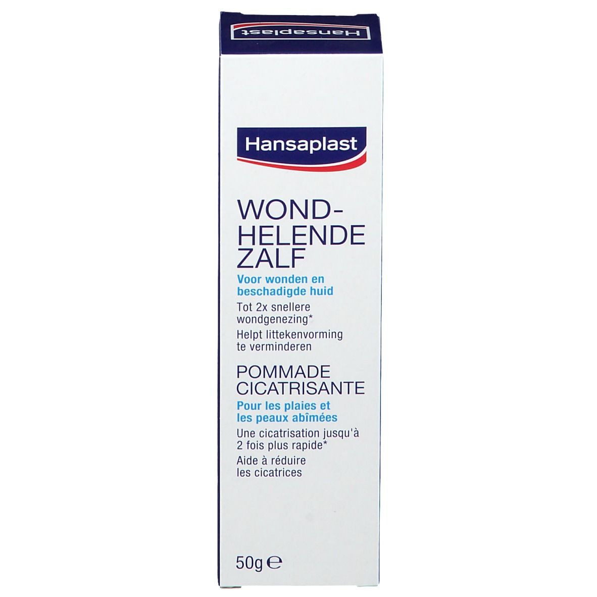 Emballage du produit. Boîte blanche avec nom, informations et logo du produit.