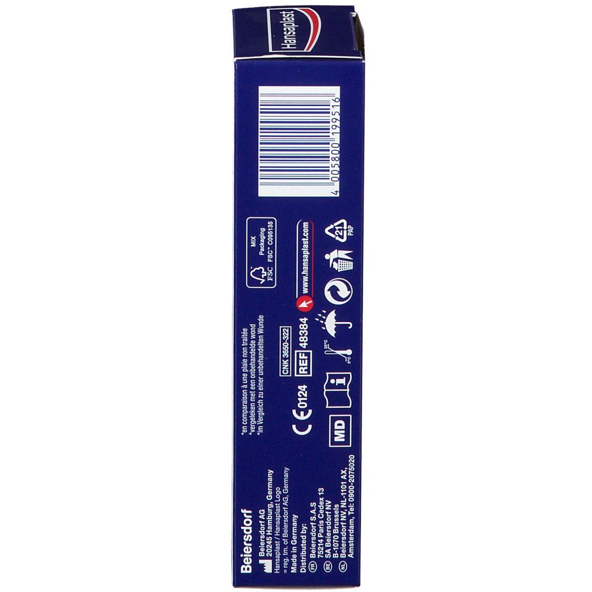Vue latérale de l'emballage du produit. Informations, symboles et coordonnées du fabricant.