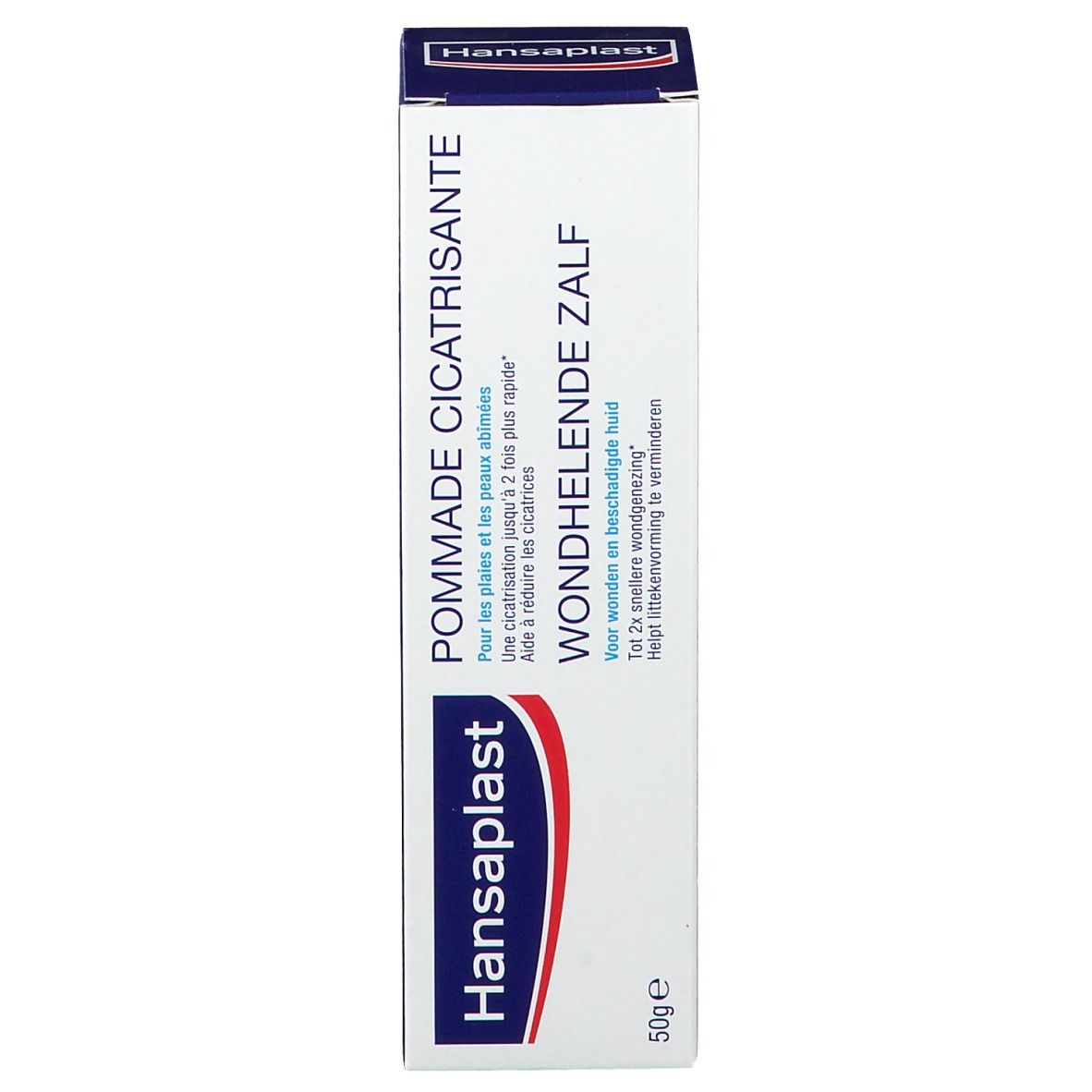 Emballage du produit. Boîte blanche avec nom, informations et logo du produit.