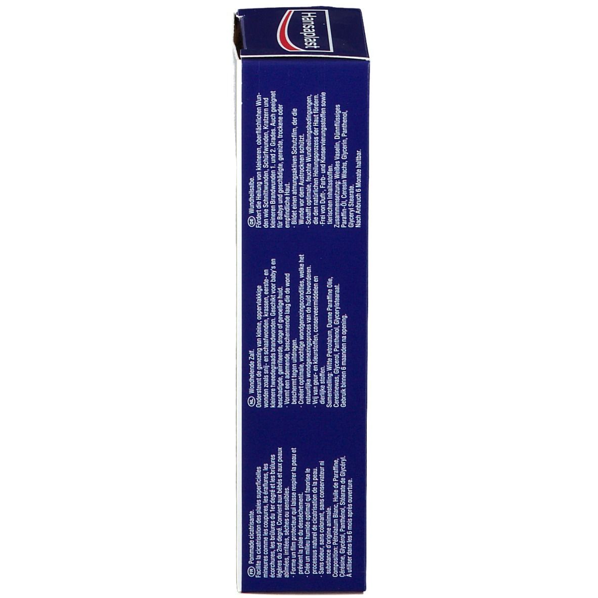 Vue latérale de l'emballage du produit. Informations, symboles et coordonnées du fabricant.