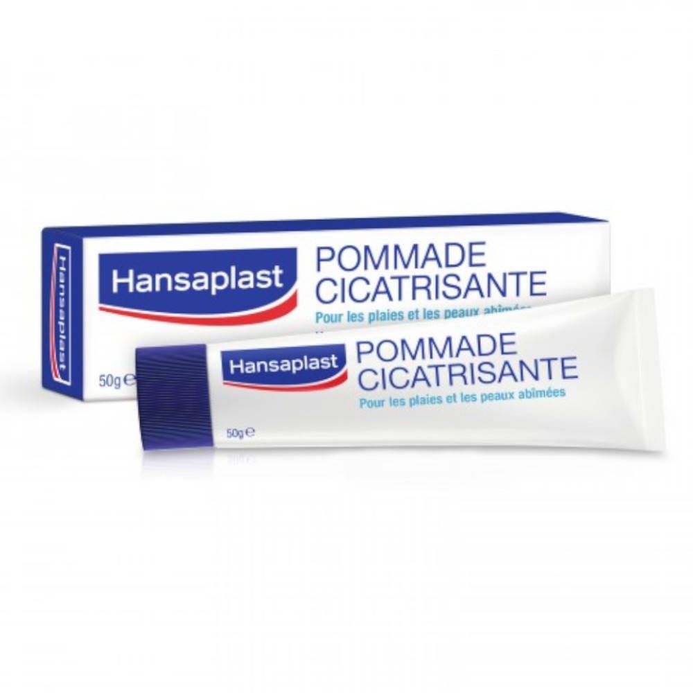 Tube de pommade cicatrisante et emballage. Nom du produit et informations.