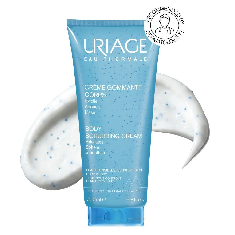 Uriage Body Scrubbing Cream in tube. Blauwe tube met productnaam en merk. 200ml.