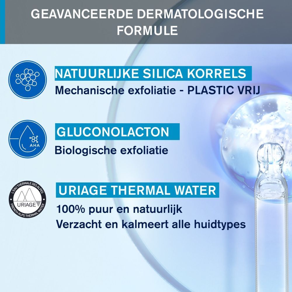 Achterkant van de Uriage Body Scrubbing Cream tube. Productinfo en ingrediënten.