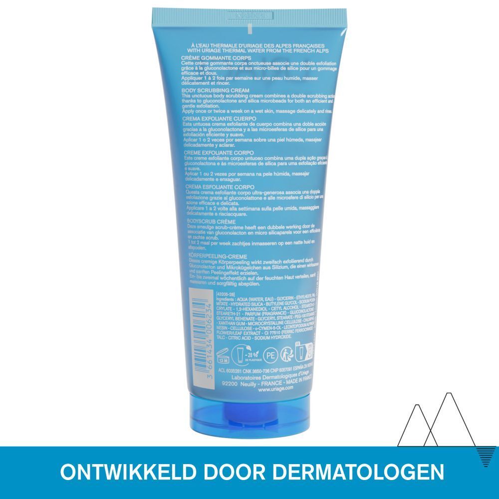 Uriage Body Scrubbing Cream. Tekst: Dermatologisch getest, Geschikt voor de gevoelige huid, Hoge tolerantie.