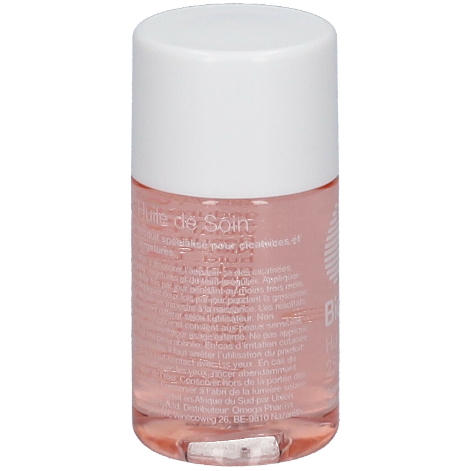 Bio-Oil Huile de Soin, dos de la bouteille avec texte. Liquide rose, bouchon blanc.