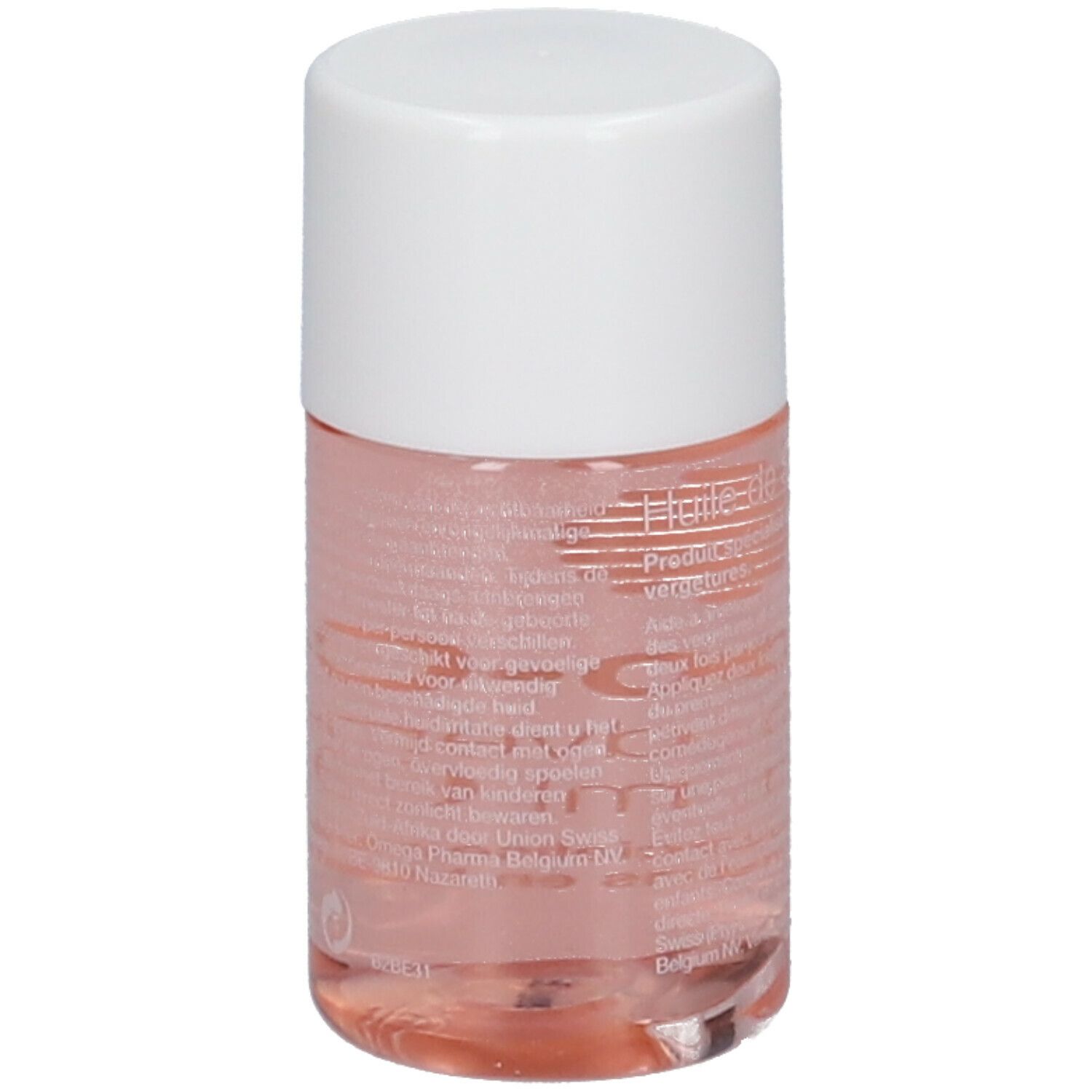 Bio-Oil Huile de Soin, dos de la bouteille avec texte. Liquide rose, bouchon blanc.