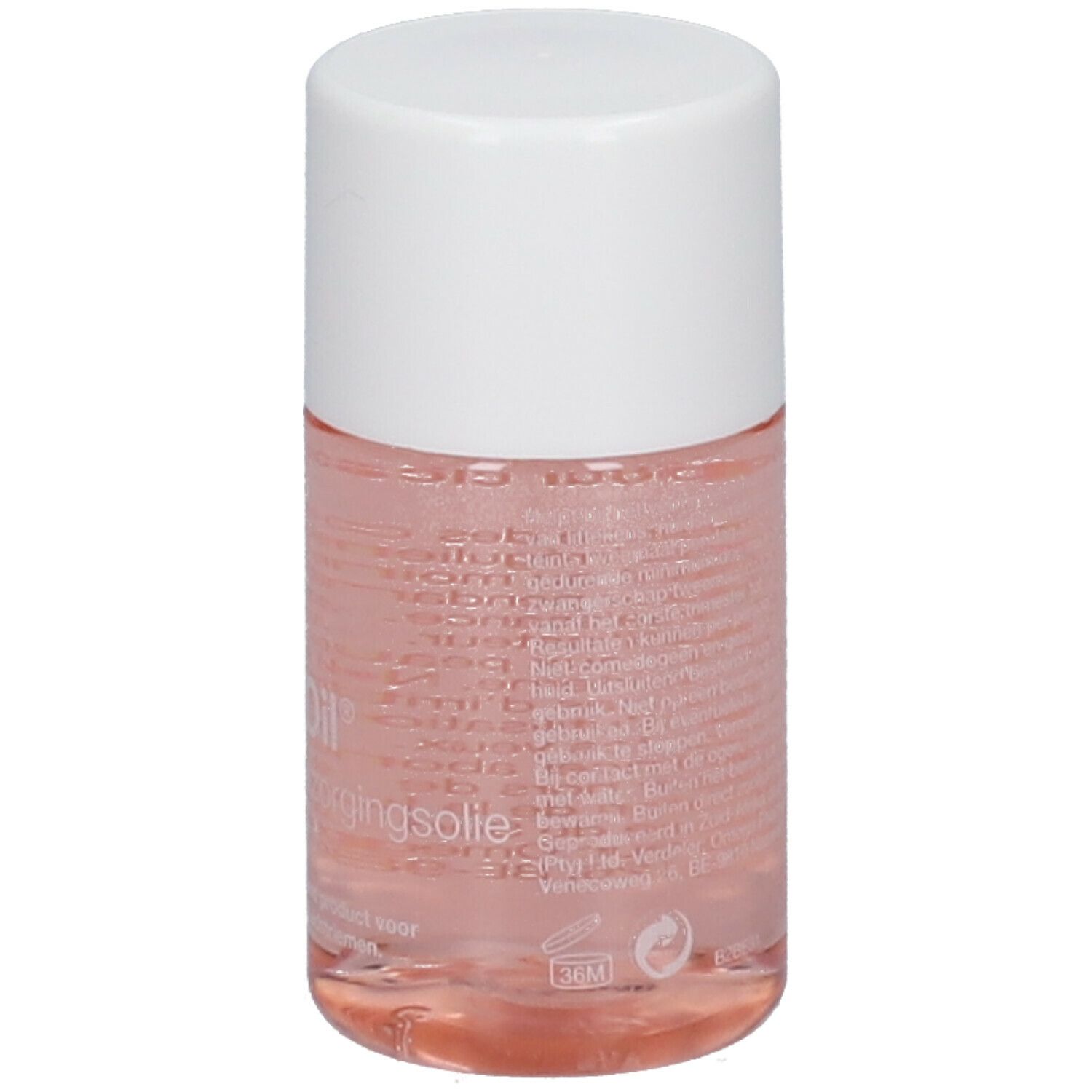 Bio-Oil Huile de Soin, dos de la bouteille avec texte. Liquide rose, bouchon blanc.