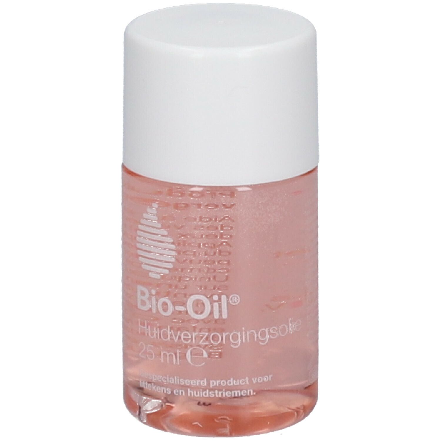 Bio-Oil Huile de Soin, liquide rose dans une petite bouteille avec bouchon blanc. 25 ml.