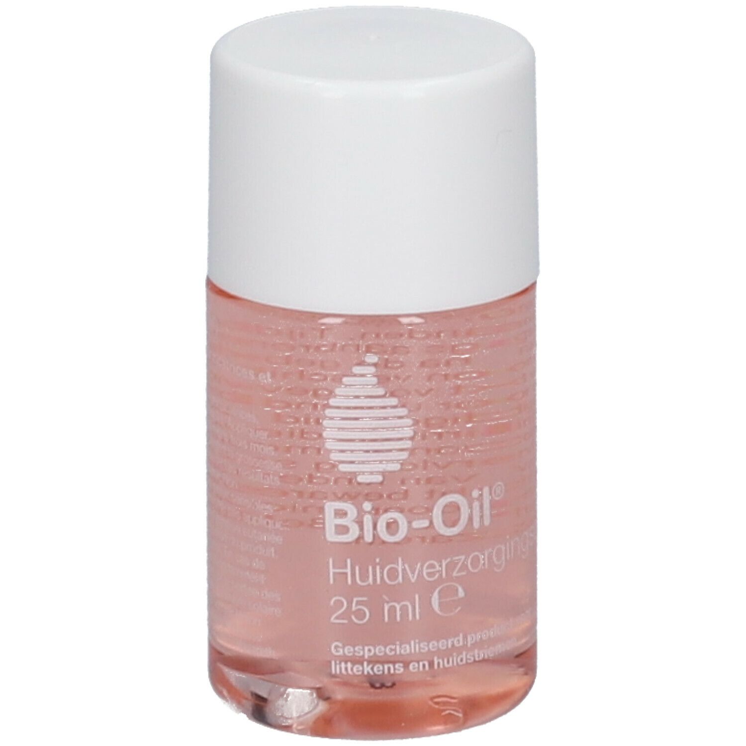 Bio-Oil Huile de Soin, liquide rose dans une petite bouteille avec bouchon blanc. 25 ml.