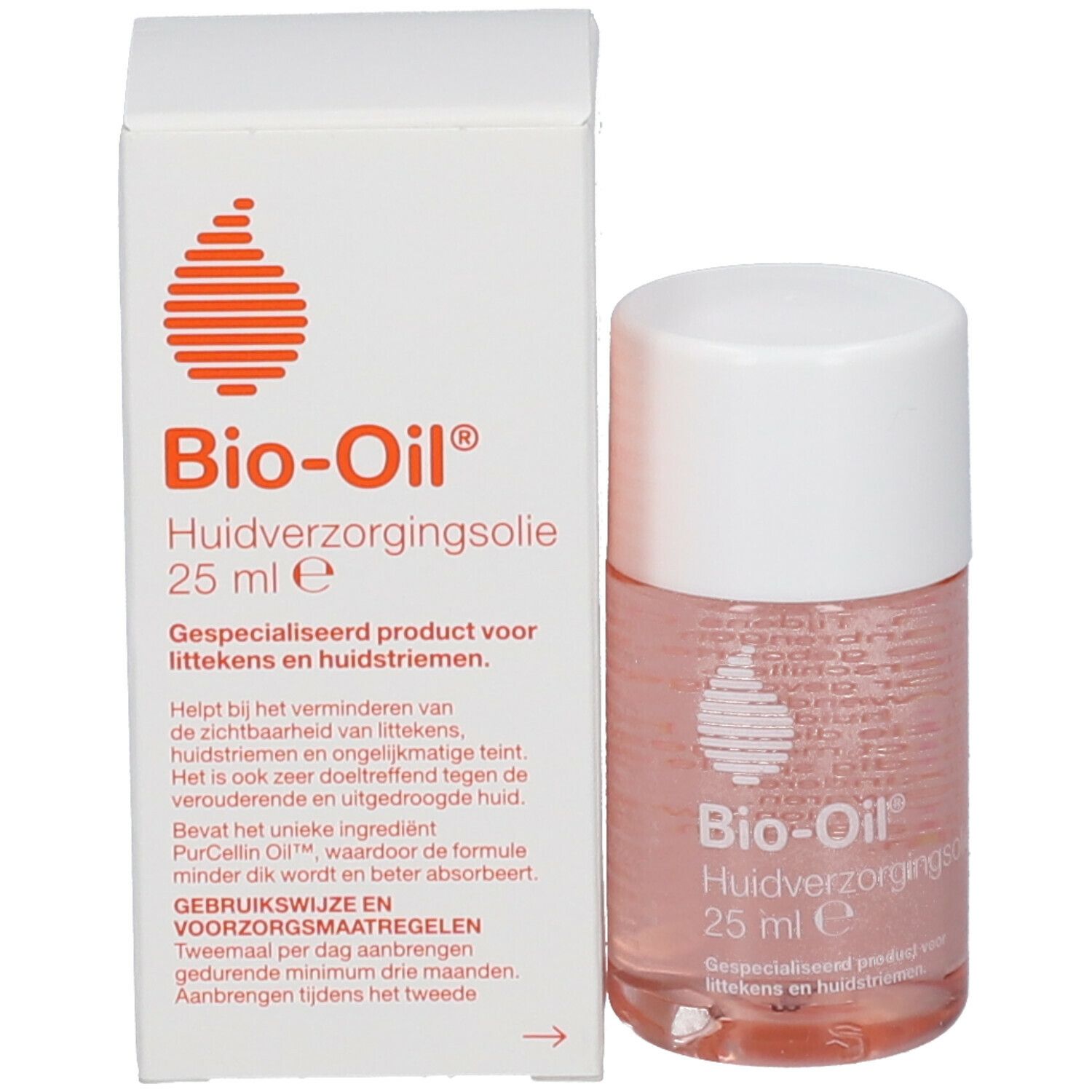 Bio-Oil Huile de Soin, bouteille et emballage. Boîte blanche avec informations produit. 25 ml.