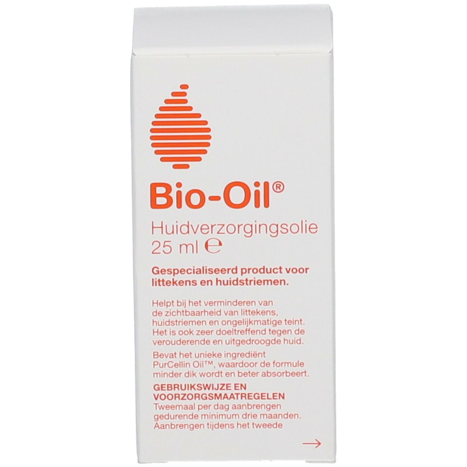 Bio-Oil Huile de Soin, emballage. Boîte blanche avec informations produit. 25 ml.