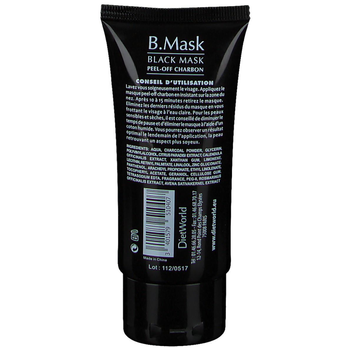 Dos du tube noir. Texte: B.Mask Black Mask Peel-off Charbon. Logo DietWorld et texte. Ingrédients.