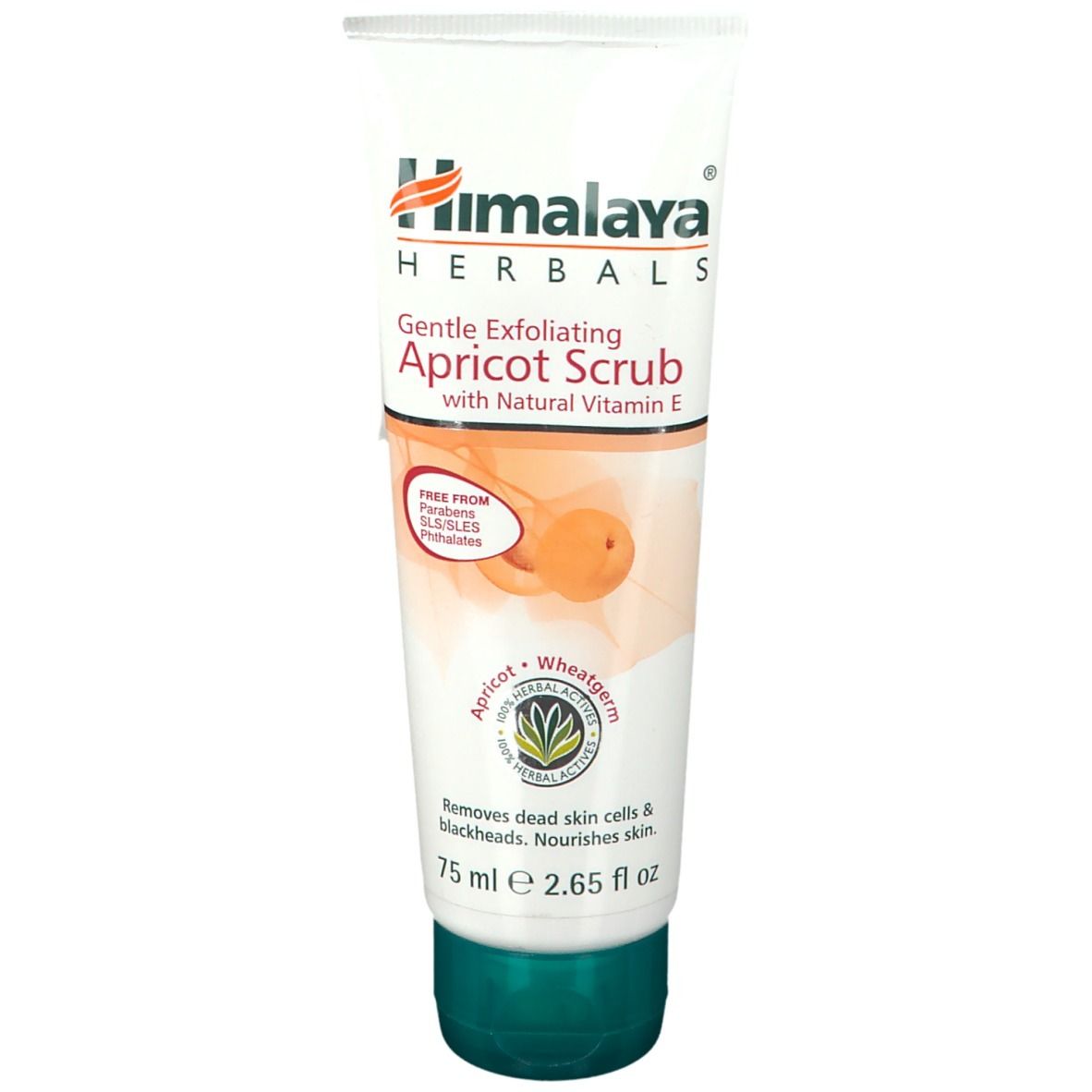 Tube mit Himalaya Herbals Gentle Exfoliating Apricot Scrub. Enthält Vitamin E. 75 ml. Entfernt abgestorbene Hautzellen und Mitesser.