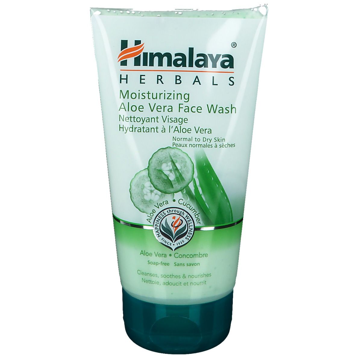 Tube blanc et vert avec logo et nom du produit. Contient de l'aloe vera et du concombre. Pour peaux normales à sèches.