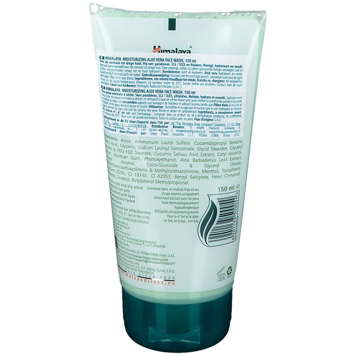 Rückseite einer weiß-grünen Tube Himalaya Moisturizing Aloe Vera Face Wash. Text in mehreren Sprachen. Barcode und Mengenangabe 150 ml.