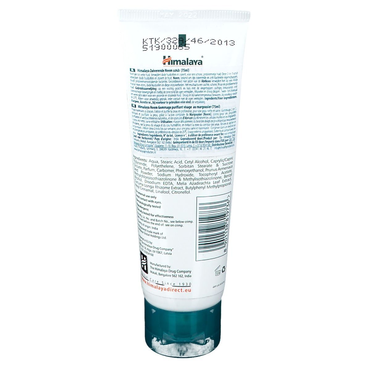 Weiß-grüne Tube. Text: Himalaya, Inhaltsstoffe, Gebrauchsanweisung. Aufdrucke: KTK/32, 46/2013, S1900065.