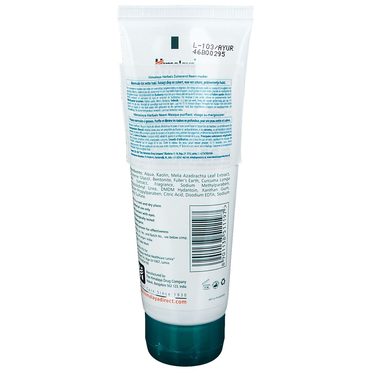 Rückseite der Himalaya Herbals Neem Gesichtsmaske. Text und Barcode auf der Tube.