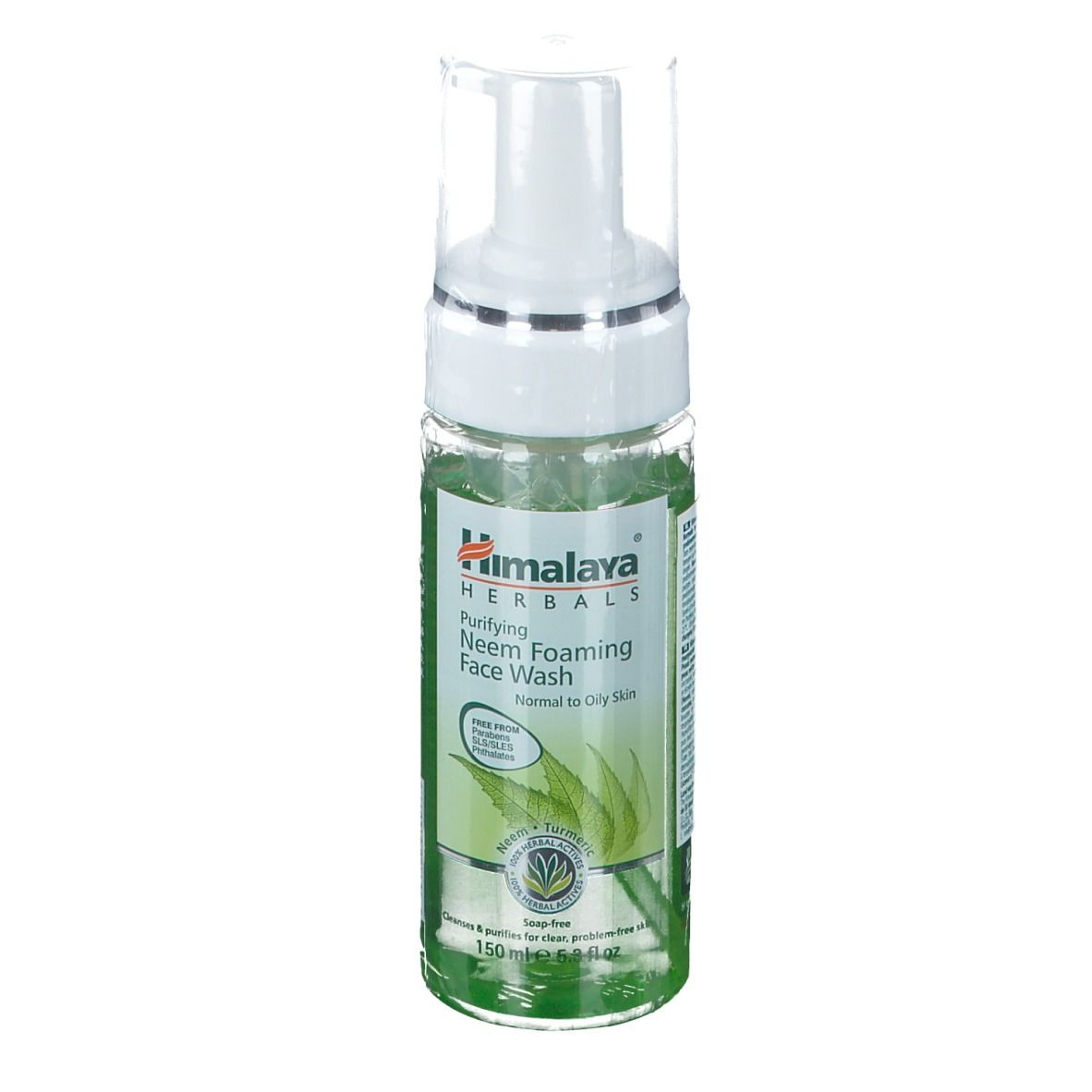 Klarflasche mit weißem Pumpspender. Aufschrift: Himalaya Herbals, Purifying Neem Foaming Face Wash. Für normale bis trockene Haut.