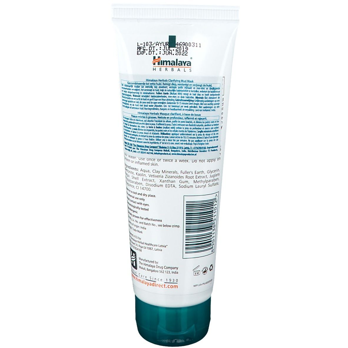 Weiß-grüne Tube. Text: Himalaya Herbals, Inhaltsstoffe, Verfallsdatum. Barcode und Herstellerinformationen.