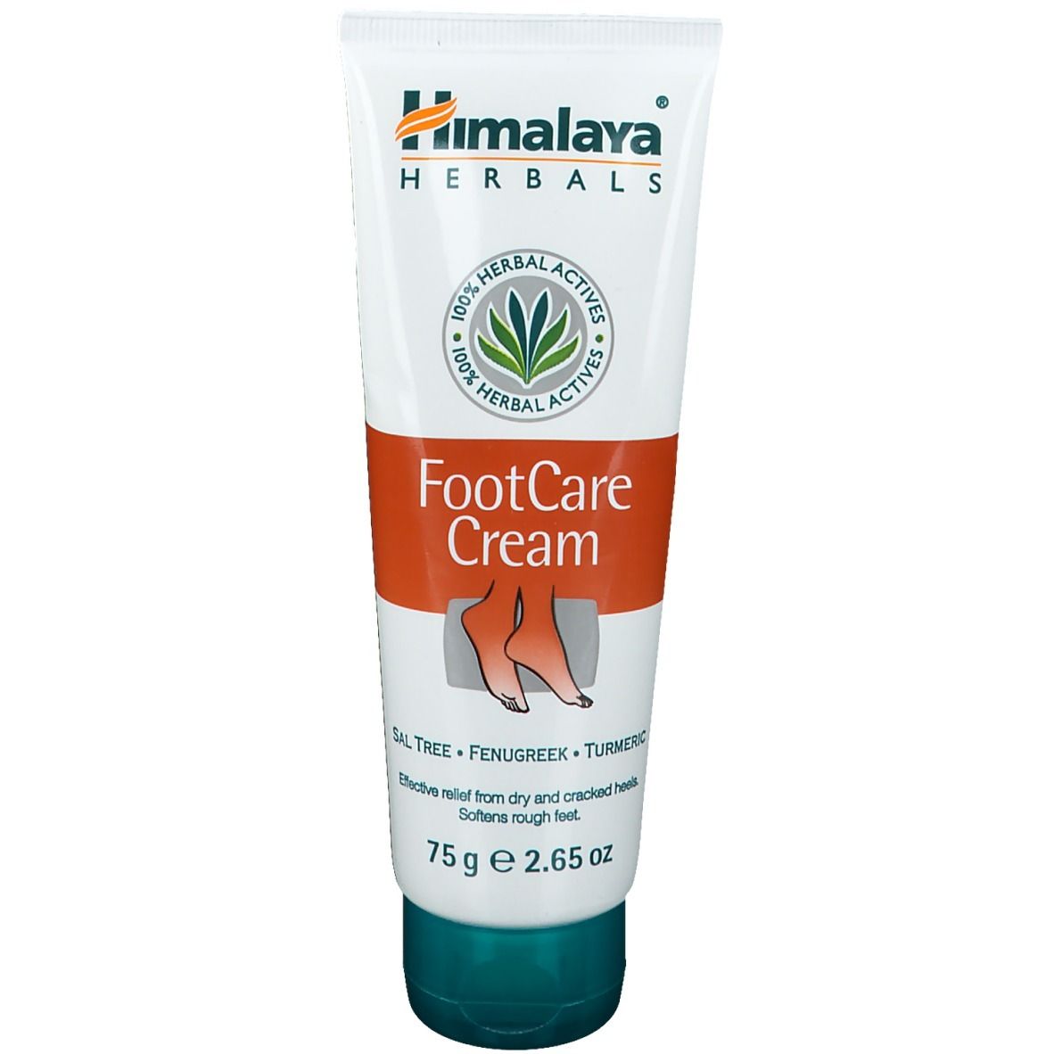Fußpflege-Creme-Tube. Weiß, orange und grün. Text: Himalaya Herbals, FootCare Cream, 75g.