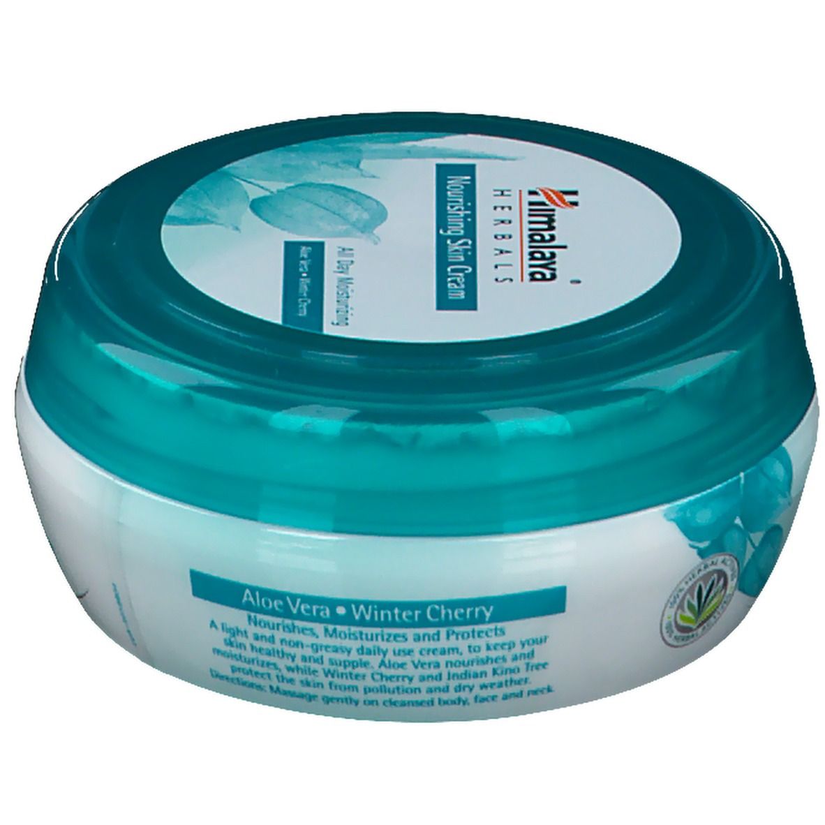 Runde Dose mit blauem Deckel. Aufschrift: Himalaya Herbals Nourishing Skin Cream. Mit Aloe Vera und Winterkirsche. Text über Inhaltsstoffe.