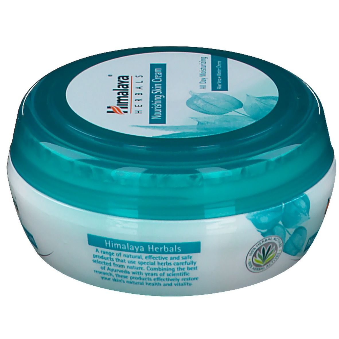 Runde Dose mit blauem Deckel. Aufschrift: Himalaya Herbals Nourishing Skin Cream. Text über Inhaltsstoffe und Kräuter.