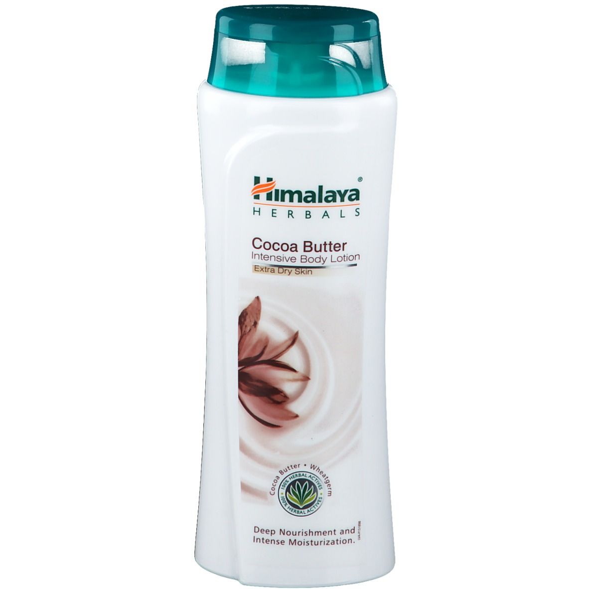 Weiße Flasche mit grünem Deckel. Aufschrift: Himalaya Herbals Cocoa Butter Intensive Body Lotion. Abbildung einer Blüte.
