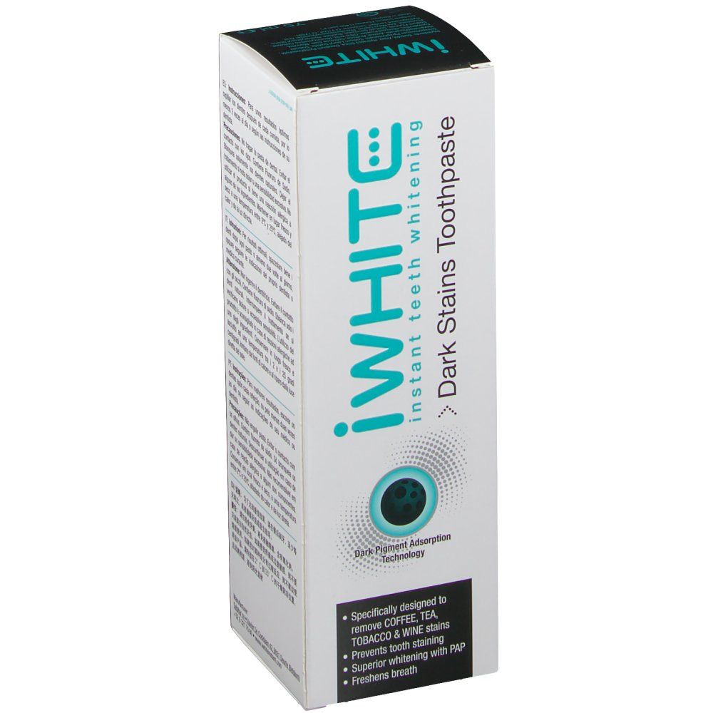 Witte tandpastadoos met blauwgroene tekst. Opschrift: iWhite, Dark Stains Zahnpasta. Bevat informatie over het bleken van tanden.