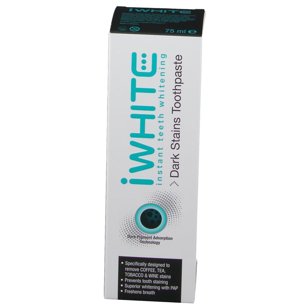 Witte tandpastadoos met blauwgroene tekst. Opschrift: iWhite, Dark Stains Zahnpasta. Bevat informatie over het bleken van tanden.