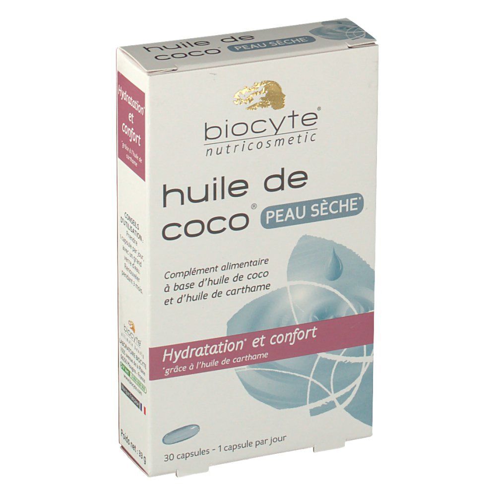 Boîte Biocyte Huile de Coco pour peau sèche. Contient 30 capsules. Inscription: Hydratation et confort.
