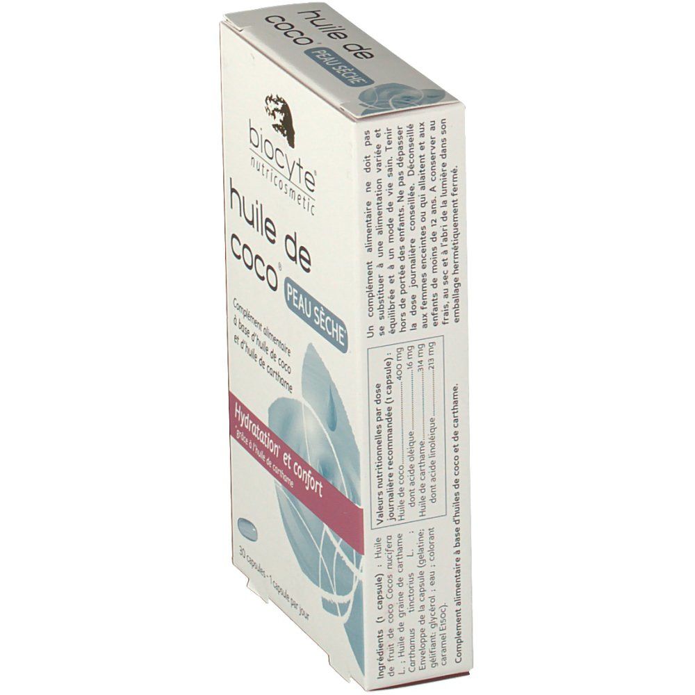 Vue latérale de la boîte Biocyte Huile de Coco. Texte: Huile de Coco PEAU SÈCHE. Contient 30 capsules. Ingrédients.