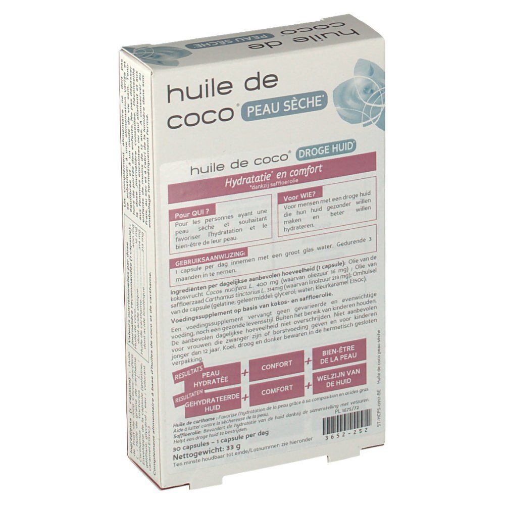 Dos de la boîte Biocyte Huile de Coco. Texte: Huile de Coco PEAU SÈCHE. Informations d'utilisation et ingrédients.